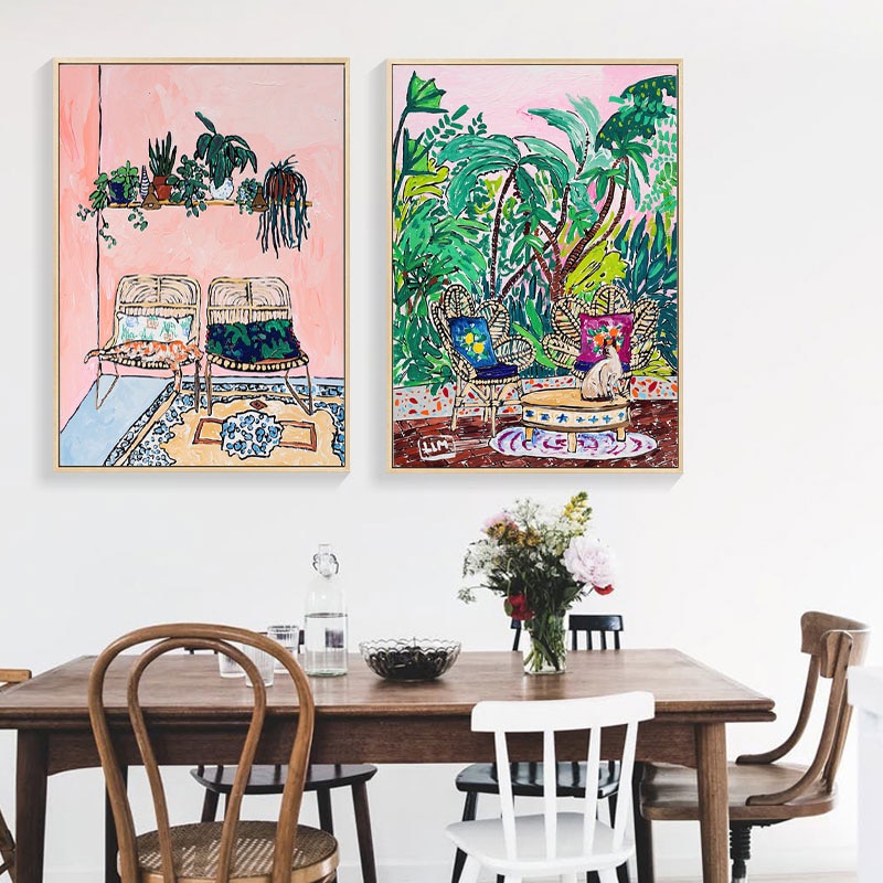 Tranh Sơn Dầu Treo Tường Trang Trí Hình Mèo Và Cây Cối Phong Cách Retro