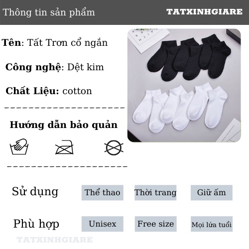 Tất nam nữ cổ ngắn chất liệu thoáng khí chống hôi chân trơn không hoạ tiết trắng đen xám