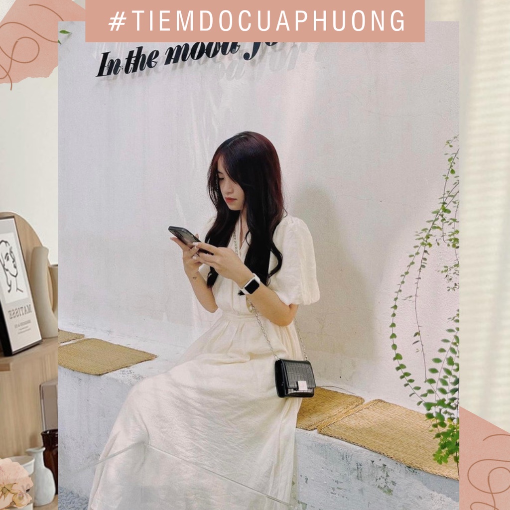 Váy/Đầm hai lớp cổ chữ V có dây buộc lưng tay bồng siêu xinh