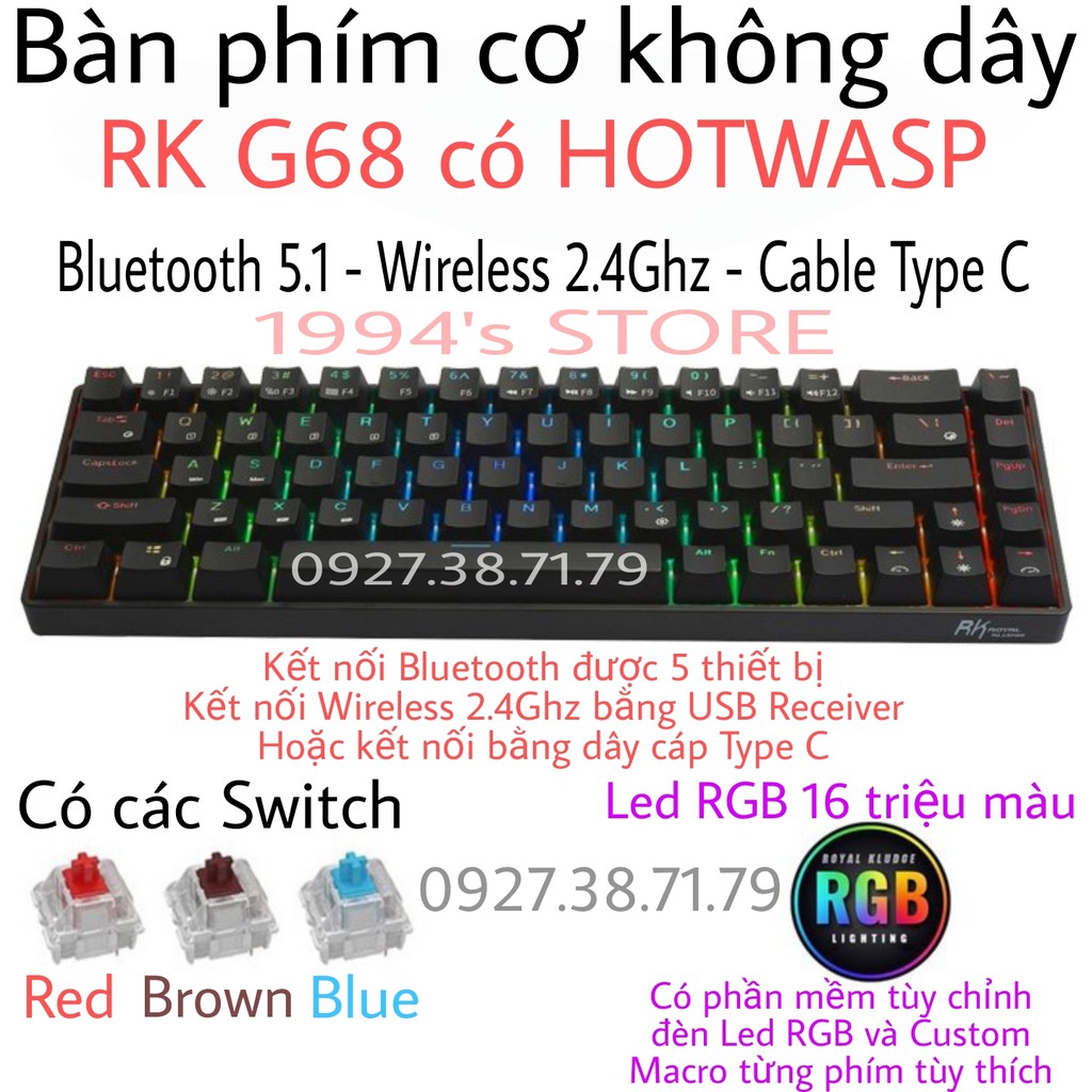 Bàn phím cơ không dây RK G68 có Hotswap - Bluetooth 5.1 - Wireless 2.4G - Cable Type C - Led RGB có phần mềm tuỳ chỉnh | BigBuy360 - bigbuy360.vn