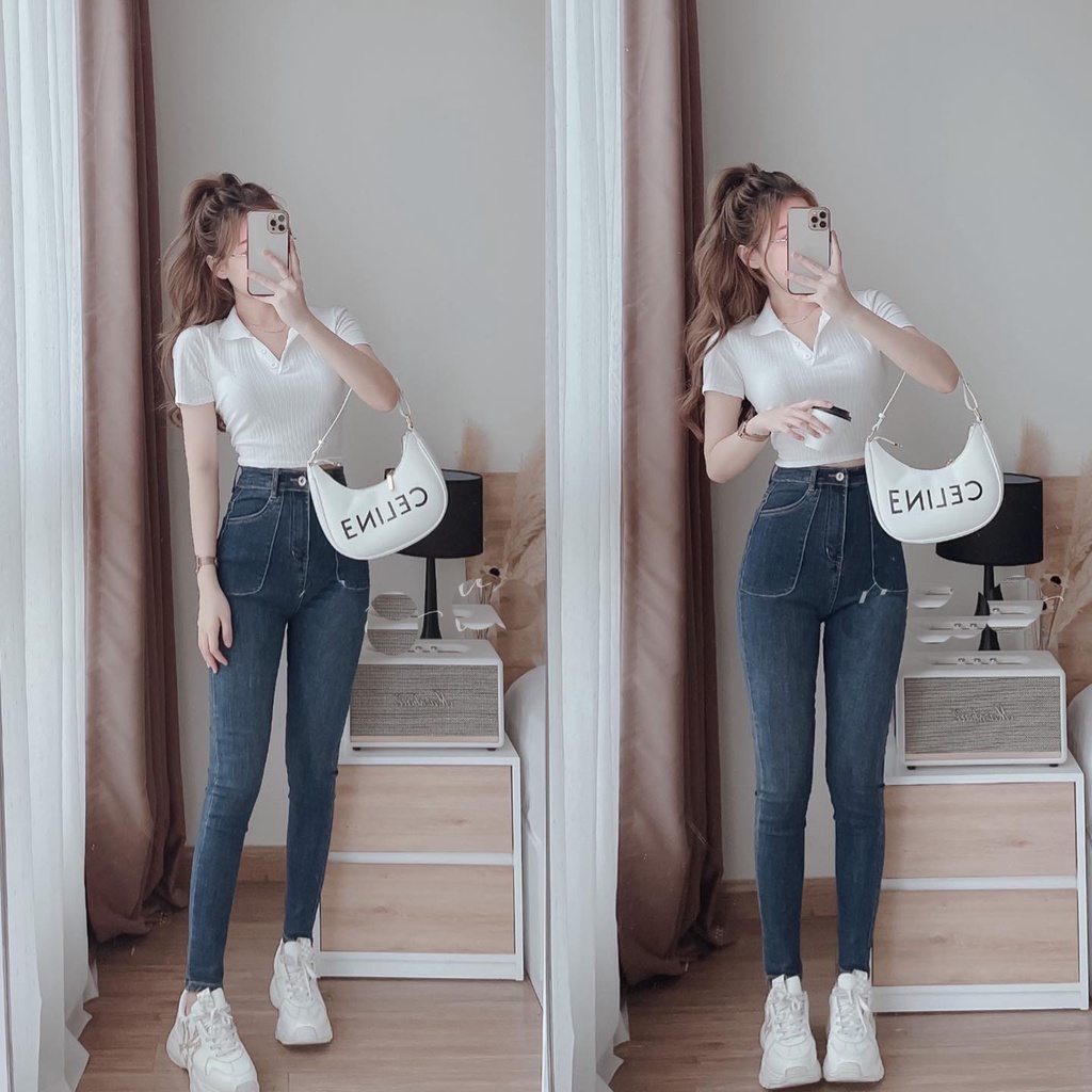 QUẦN SKINNY JEANS GIÃN DÀI NỮ LƯNG CAO 2 TÚI BO TRƯỚC MÀU XANH NHẠT XANH ĐẬM CHẤT BÒ GIÃN CAO CẤP HADI