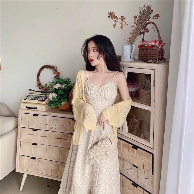 SET Đầm Vintage Hoa Nhí Đuôi Cá