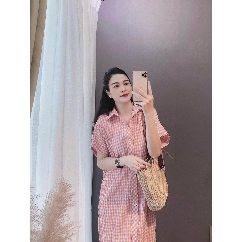 Váy đầm sơ mi YUNA kẻ caro cọc tay  dáng dài cổ đức xẻ tà chất liệu thô hàn siêu thoáng mát_V003