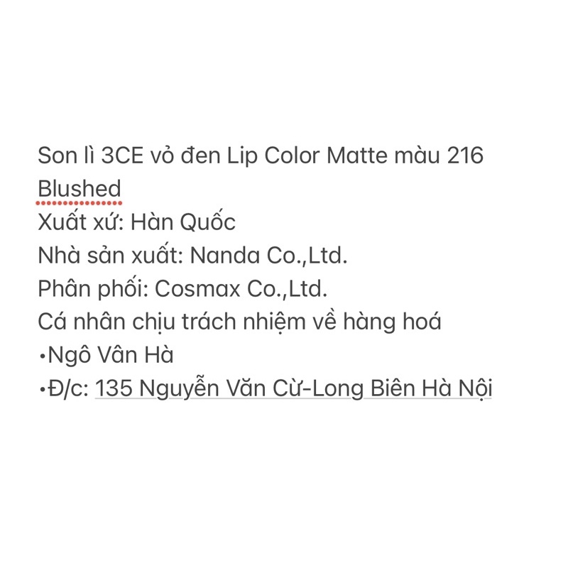 Son lì 3CE vỏ đen Lip Color Matte màu 216 Blushed