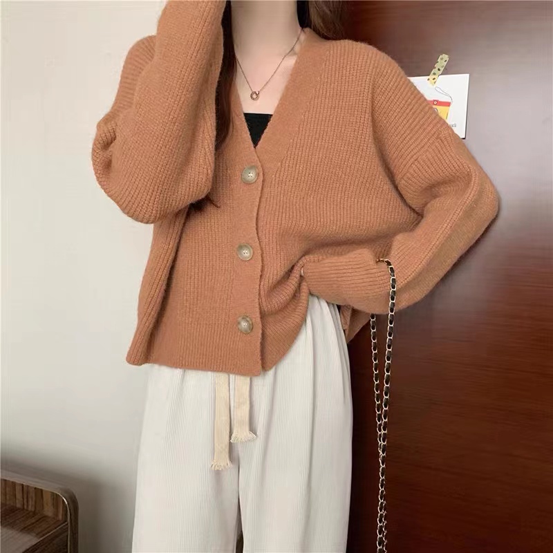 Áo Khoác Cardigan Dệt Kim Dáng Rộng Cổ Chữ V Thời Trang Thu Đông Cho Nữ