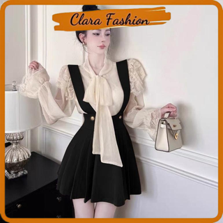 Set yếm nhung đen mix áo đũi viền ren có ảnh thật clara siêu xinh