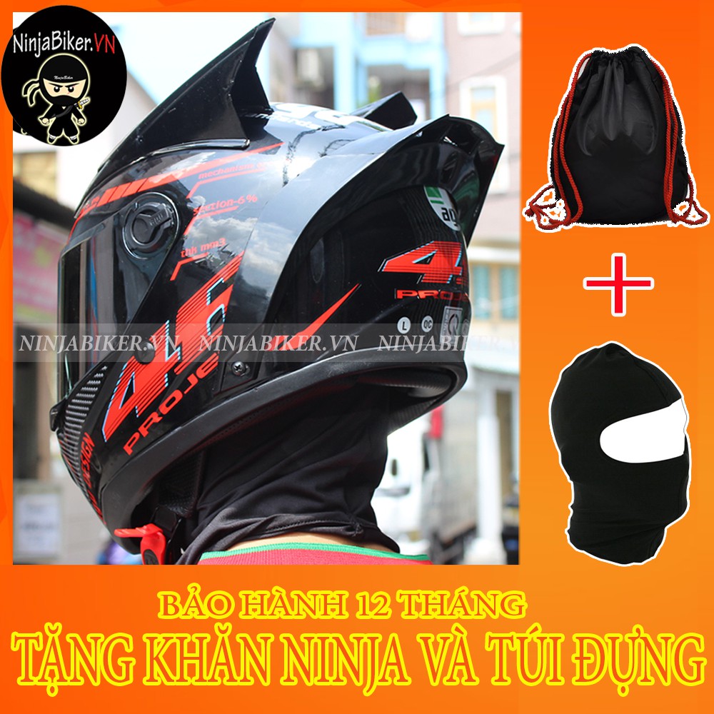 Mũ Bảo Hiểm AGU Tem Đỏ Đen + Sừng rùa đen + Đuôi Gió đen ( Tặng khăn ninja và túi đựng)
