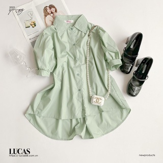 Áo sơ mi xanh mint cổ đức tay bồng cộc thân basic