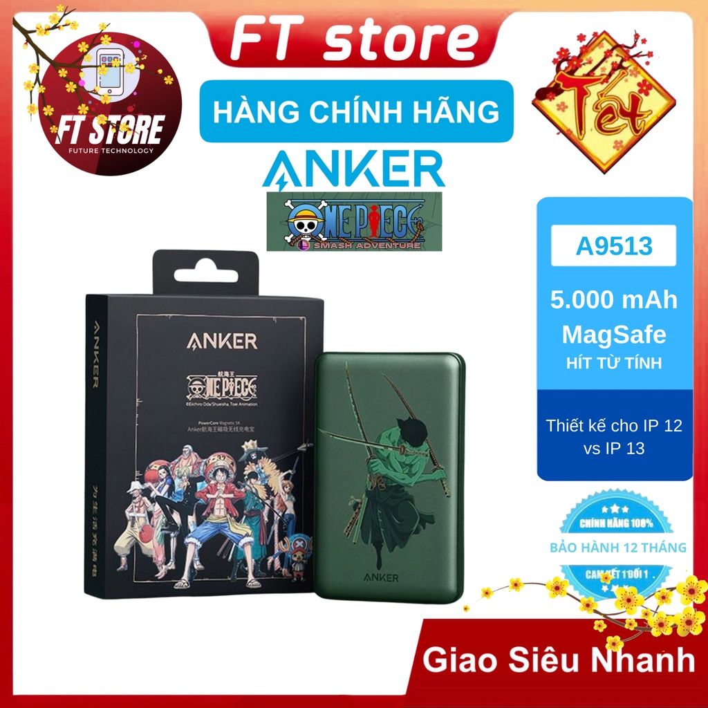 [GIAO HỎA TỐC] Pin dự phòng ANKER PowerCore 5000mAh Magsafe Không dây A9513 One Piece Zoro IPhone 12 13 Pro Max hít Từ t