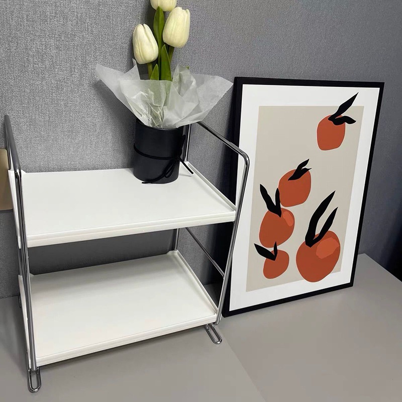 Kệ nhựa trắng 2 tầng viền inox để bàn đựng đồ đa năng, đựng mỹ phẩm trang điểm tiện dụng
