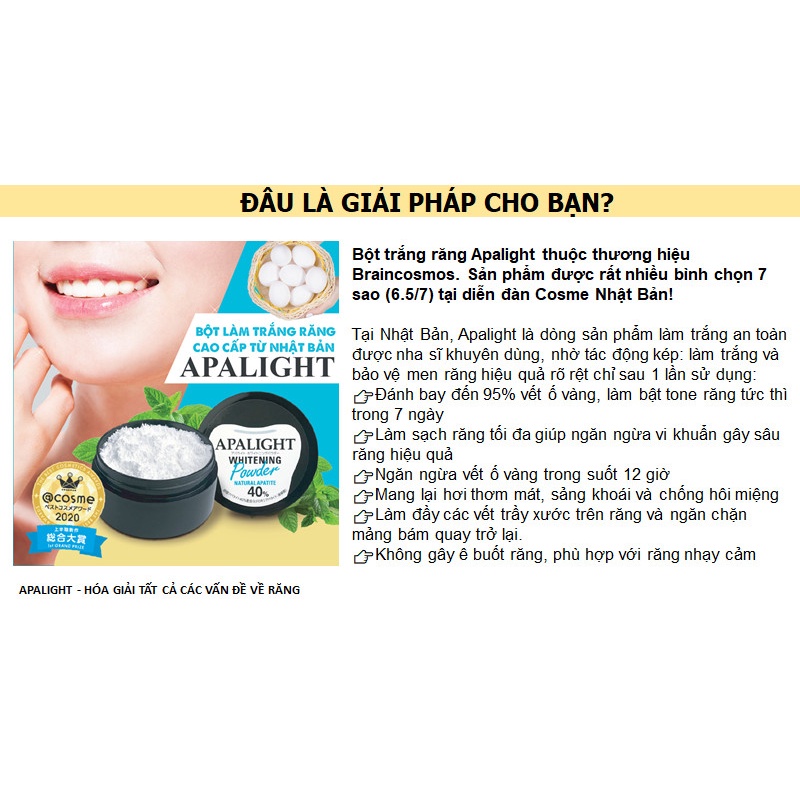 Bột đánh trắng răng APALIGHT Đánh bay đến 95% vết ố vàng, làm bật tone răng tức thì trong 7 ngày