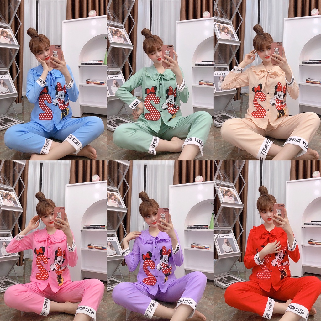 Set đồ ngủ pijama tay dài vải kate lụa họa tiết mickey phối viền freesize dưới 57kg tùy chiều cao