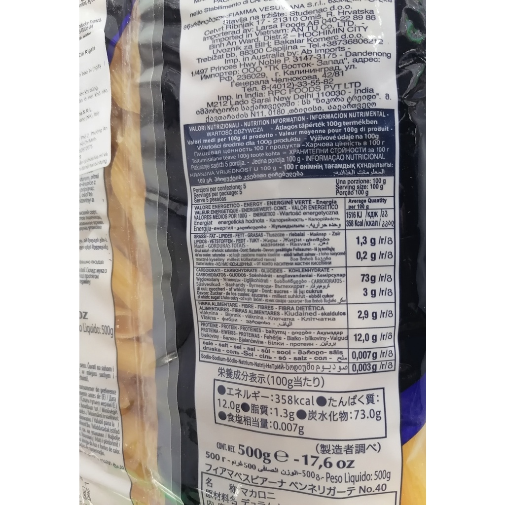 [Gói 500g – SỐ 40] NUI ỐNG TRE [Italia] FIAMMA No 40 Penne Ziti Rigate (halal) (atu)