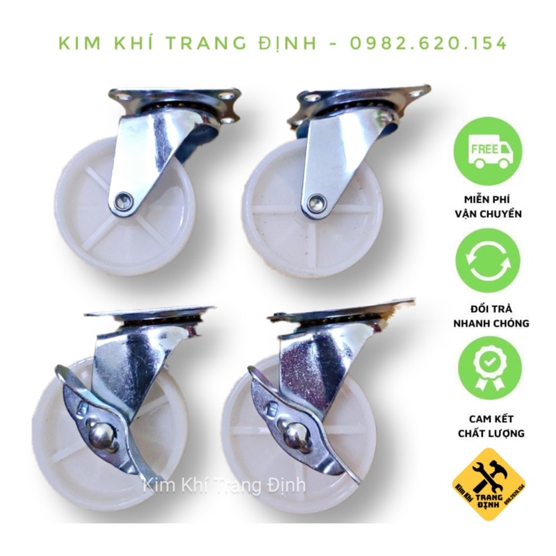 Bánh xe kéo hàng nhựa trắng các loại 4cm 5cm 6cm 7cm