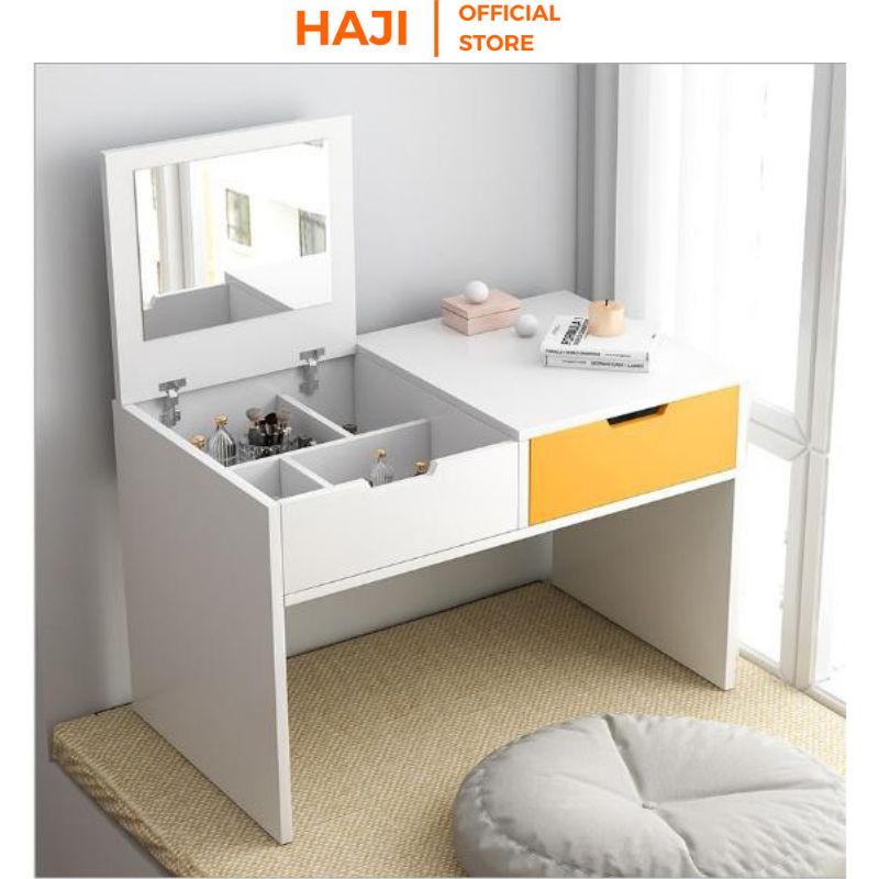 Bàn trang điểm ngồi bệt gương gấp mở tiện dụng, Bàn phấn HAJI có ngăn kéo lưu trữ phối cánh màu vàng bắt mắt A69