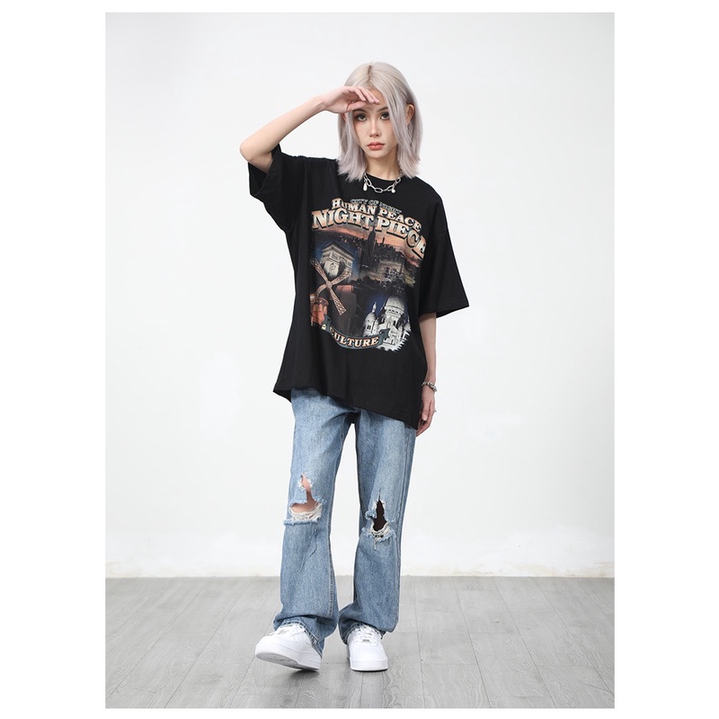 Áo Thun Tay Lỡ 100% Cotton 2 Chiều Dáng Rộng Unisex, Áo Phông Nam Nữ Oversize Hình In HUMAN PEACE