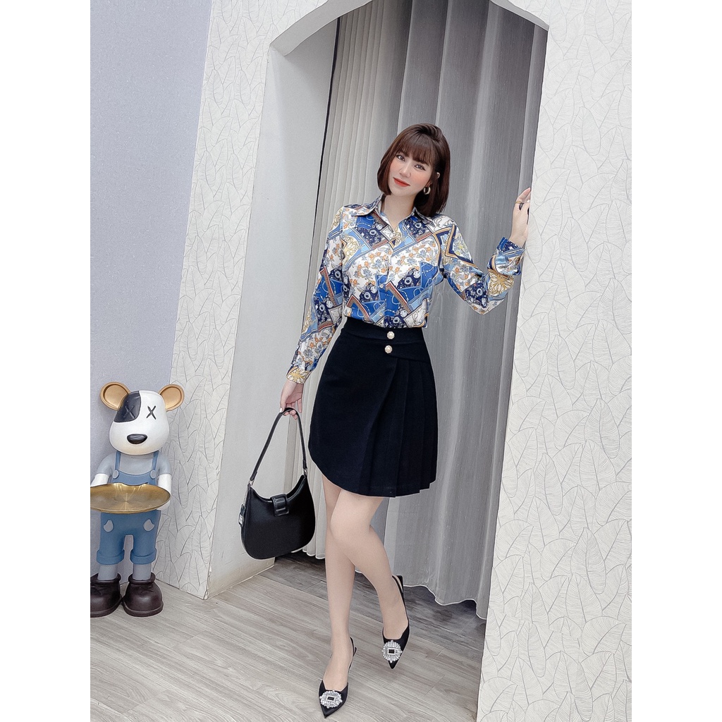 Áo sơ mi lụa dài tay nũ cao cấp công sở họa tiết hoa nhỏ cam hình xanh pastel trắng, áo sơ mi thiết kế MQ Boutique