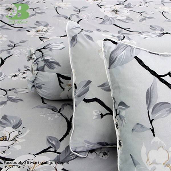 Bộ ga chun và 2 vỏ gối cotton poly Emmidecor - Mẫu hoa ghi siêu đẹp