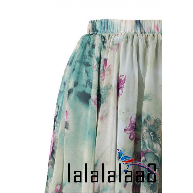 Chân váy maxi chiffon xếp li in hoa phong cách vintage