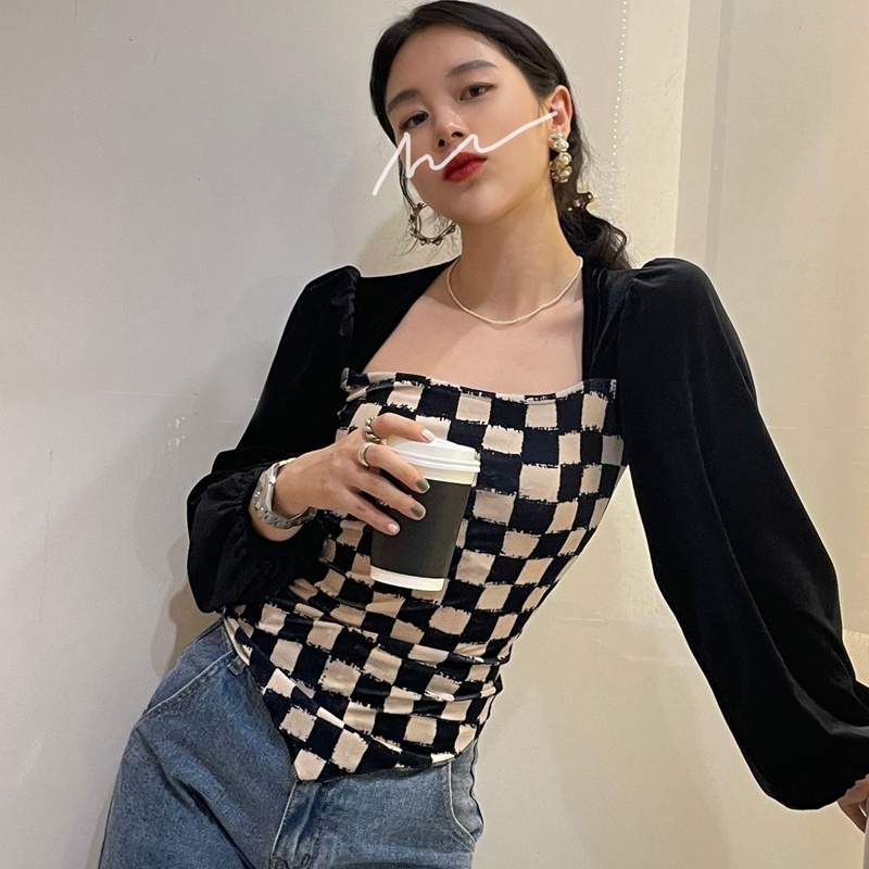 SUXI  Áo kiểu nữ vải nhung tay dài phồng cổ vuông họa tiết caro thời trang