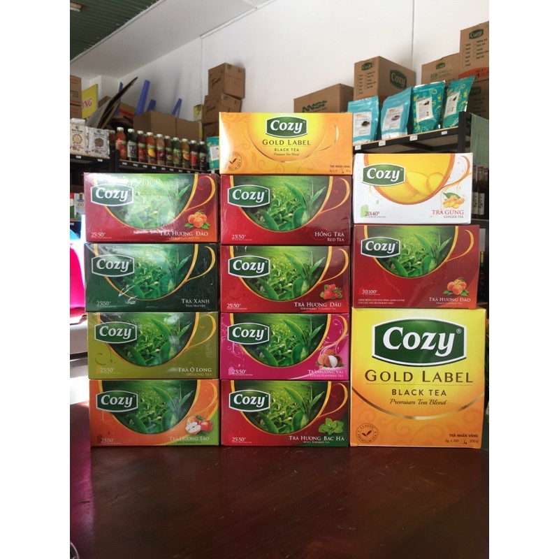 Trà Cozy túi lọc đủ mùi ( Đào - Vải - Dâu - Bạc Hà - Gừng -  Hồng Trà - Trà xanh - Ô long - Táo - Nhãn Vàng )