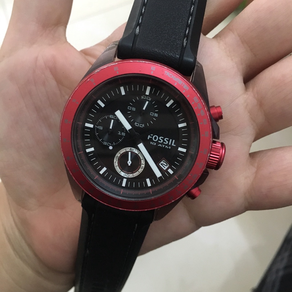 Đồng hồ nam thương hiệu FOSSIL hàng si Nhật chính hãng mặt đen , viền đỏ , có 6 kim