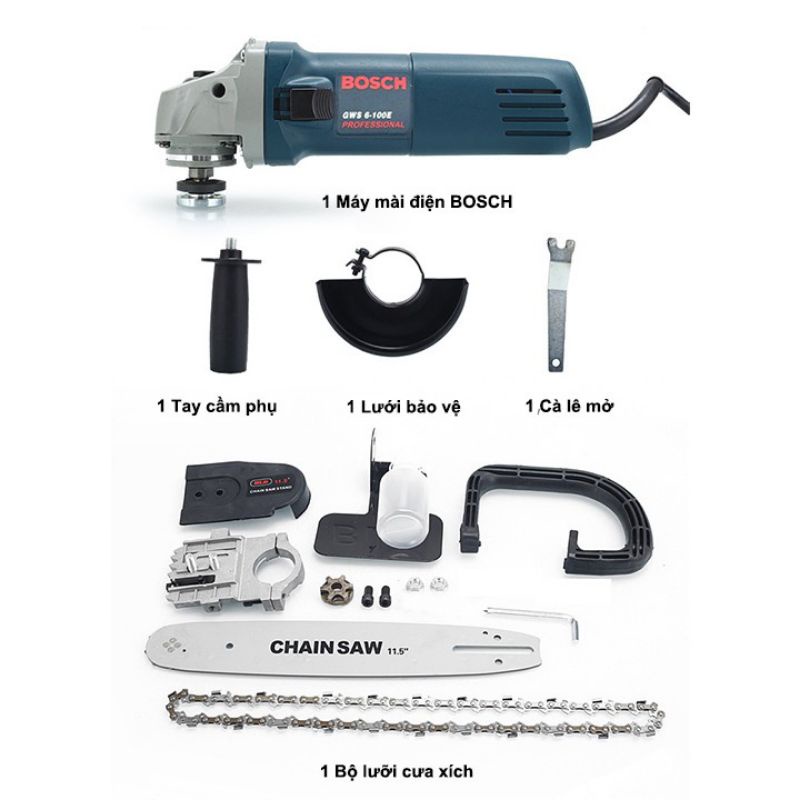 Máy Cắt Cầm Tay Bosch 670W và Lưỡi Cưa Xích Chain Saw gắn máy mài