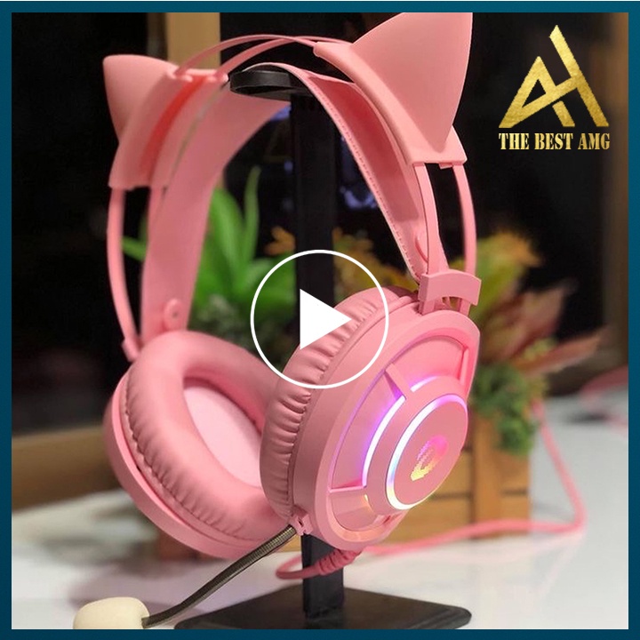 Tai Nghe Máy Tính Có Mic Gaming Led Rgb Headphone Chụp Tai DAREU EH416 Tai Mèo Màu Hồng Nghe Nhạc Chơi Game Có Dây