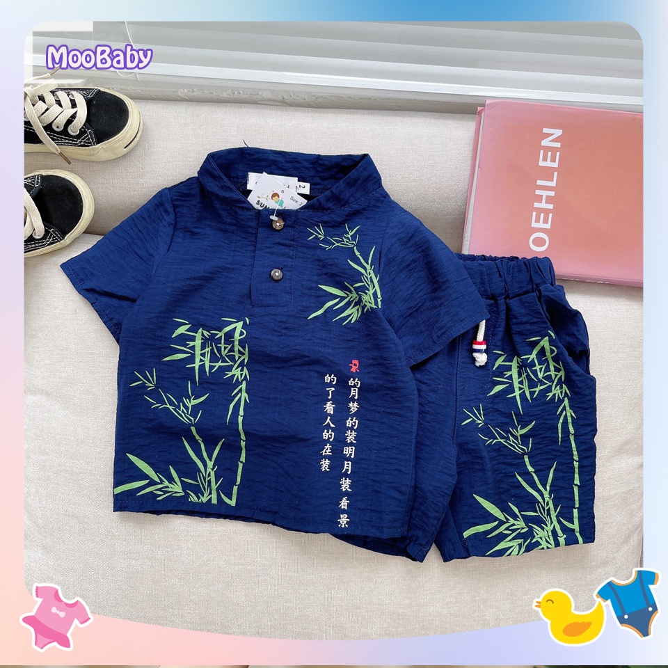 Đồ bộ bé trai MOOBABY SHOP , Bộ cộc tay cho bé chất đũi in hình cây tre cực đẹp cho bé từ 6-28kg