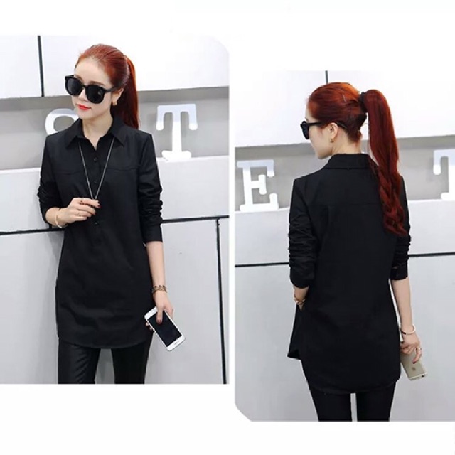 Áo sơ mi nữ form dài lai bầu phối túi size m l xl 2xl