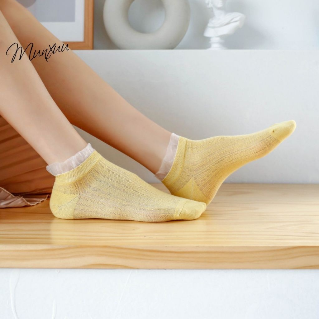 Tất nữ cổ ngắn phối viền bèo tiểu thư chất Cotton co dãn - MUNXUU T06