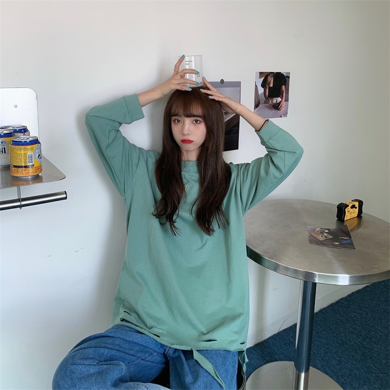 【ZHELIHANGFEI】Áo Thun Tay Dài Rách Cá Tính Trẻ Trung Hợp Thời Trang