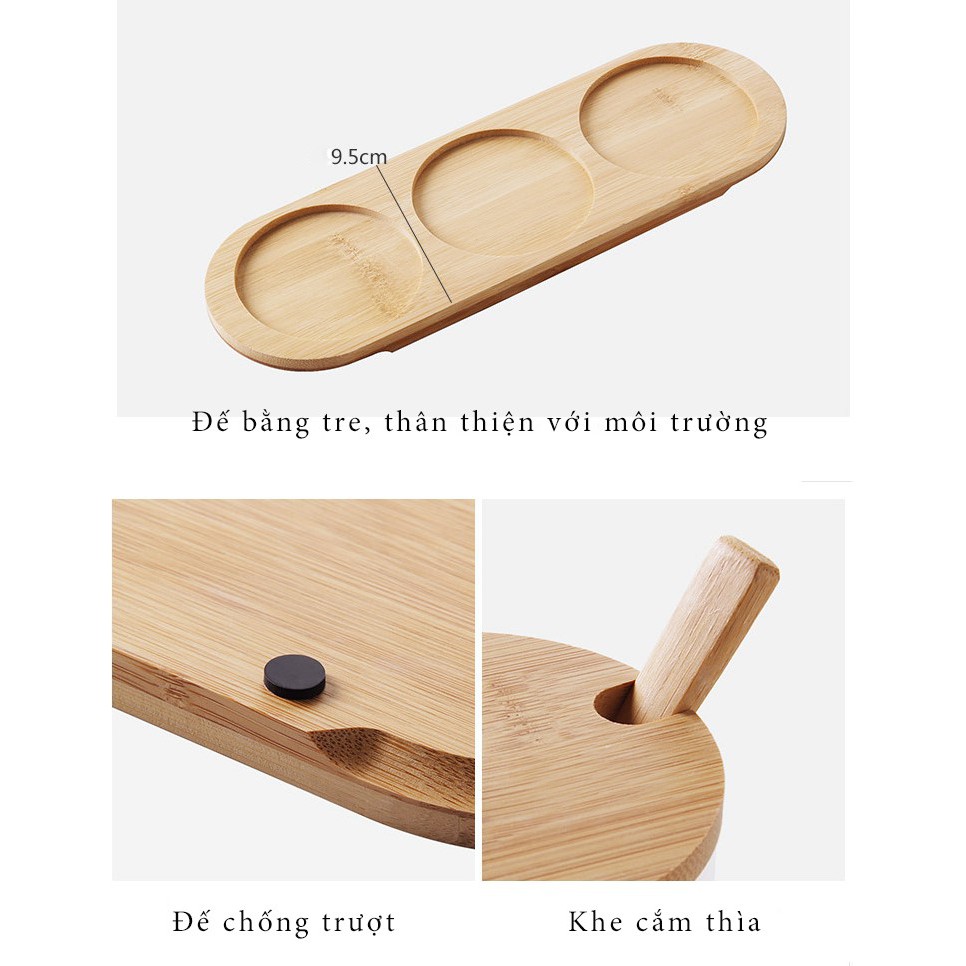 Bộ 3 Lọ đựng gia vị thủy tinh kèm đế gỗ cao cấp, hũ đựng gia vị kèm thìa tiện lợi FAMAHA | BigBuy360 - bigbuy360.vn