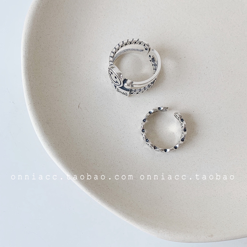 Nhẫn Bạc s925 Hình Mặt Cười Có Thể Điều Chỉnh Kích Cỡ Phong Cách retro Thời Trang