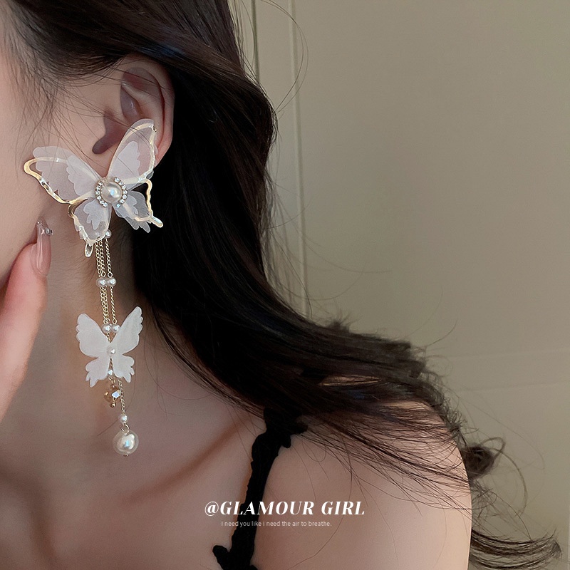 Bông Tai Mạ Bạc Hình Bướm Đính Ngọc Trai Thời Trang