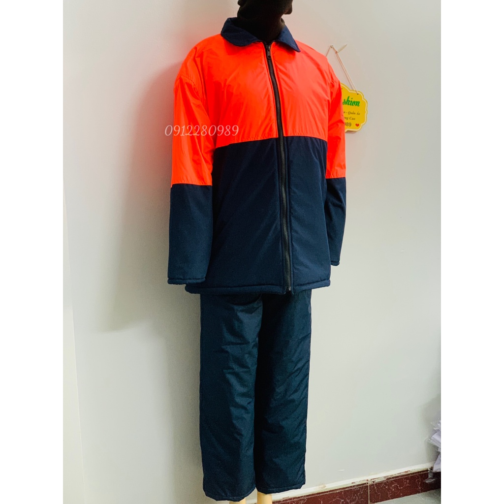 Quần áo bảo hộ trong kho đông lạnh -30 độ có lót lông ấm áp màu xanh đen phối cam neon _ Hình chụp thật