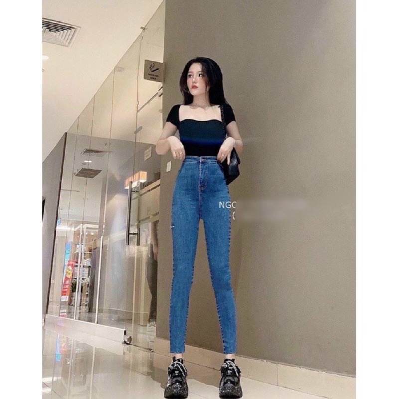 Quần bò cạp cao 2 cúc rách hông M05