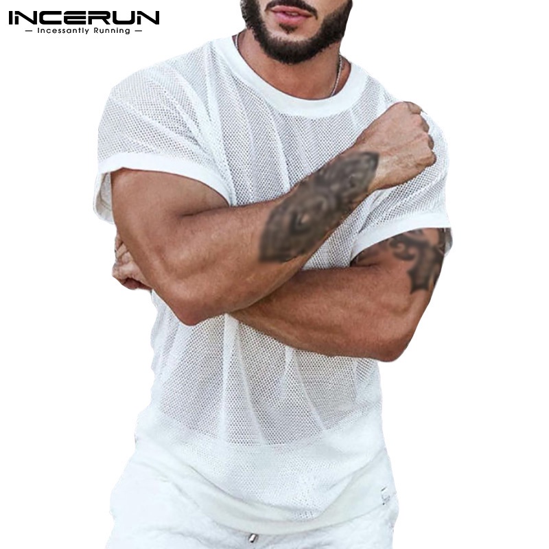 Áo thun INCERUN vải lưới mỏng xuyên thấu ngắn tay cổ tròn thời trang mùa hè thoải mái cho nam
