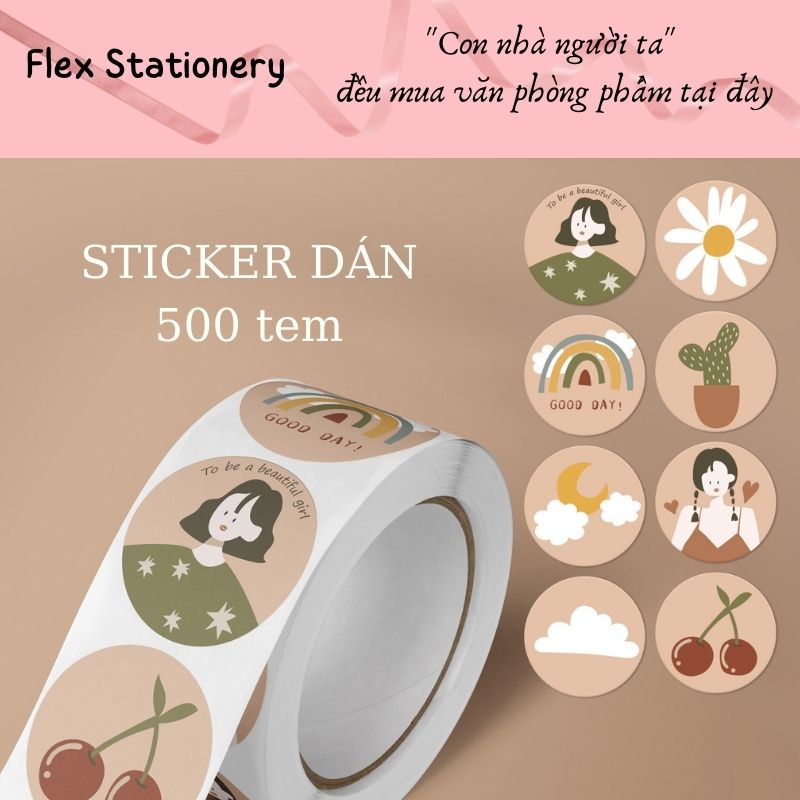 CUỘN SET 500 NHÃN DÁN, STICKER HỌA TIẾT VINTAGE, HÌNH DÁNG HOẠT HÌNH NGỘ NGHĨNH, DỄ THƯƠNG