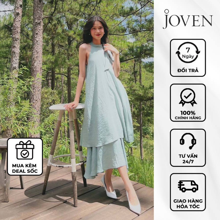 Đầm maxi cổ yếm nơ sang chảnh chất tơ nhật cao cấp JOVEN, thiết kế tầng xòe suông dáng dài, đi biển đi cafe dạo phố