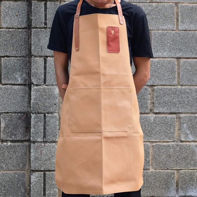 Tạp dề pha chế vải canvas dây da của Junsleather phối da bò cao cấp dành cho Barista/Bartender quán cà phê