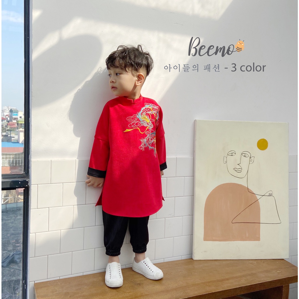 Bộ set áo dài Beemo chất liệu nhung chéo mềm mịn thêu hình rồng kèm quần lụa bóng đen - 21D071