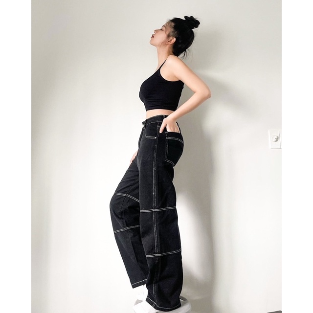 Quần jean nữ lưng cao ống rộng dáng suông màu đen cạp cao Gauni GD60 | BigBuy360 - bigbuy360.vn