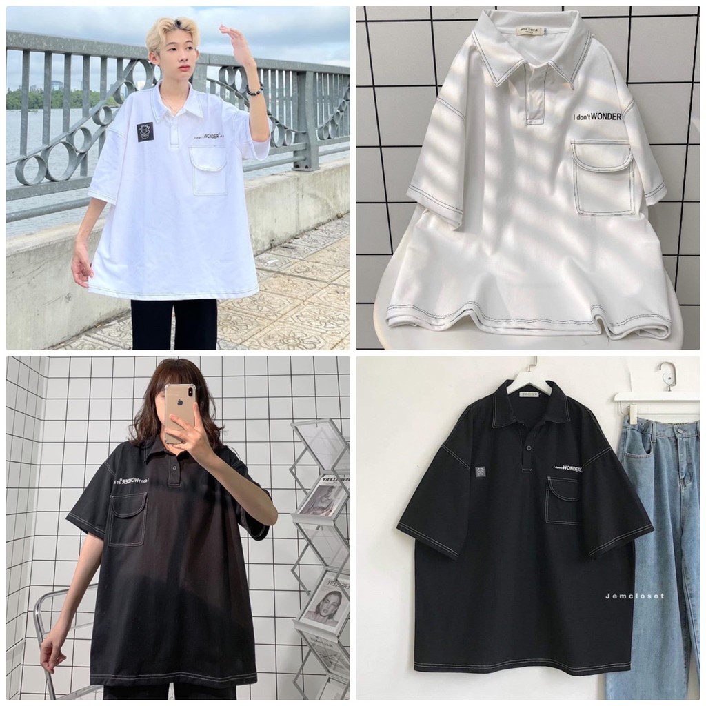 Áo thun nữ cổ bẻ chỉ nổi unisex nam nữ chất thô cá tính