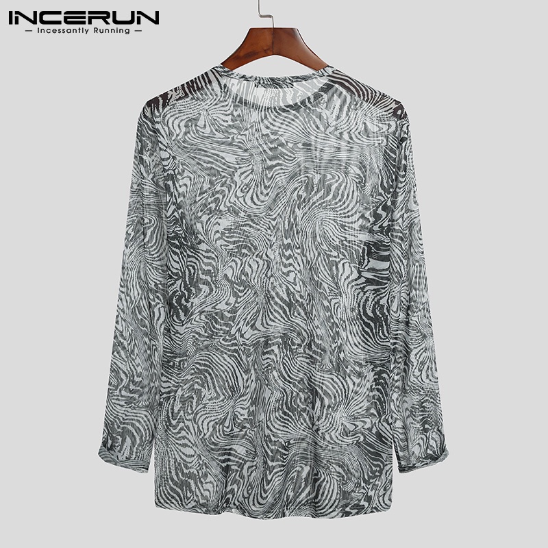 Áo Thun INCERUN Dáng Ôm Vừa Vặn Dài Tay Vải Lưới Mỏng In Họa Tiết Xuyên Thấu Thời Trang Cho Nam