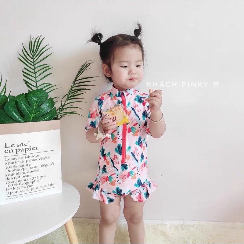 Đồ bơi một mảnh bé gái, áo tắm liền thân cho be màu hồng hoạ tiết nhiệt đới