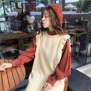 Váy ulzzang áo sơ mi set váy nữ đẹp sơ mi dài tay đầm len gile mỏng áo kiểu dáng hàn quốc