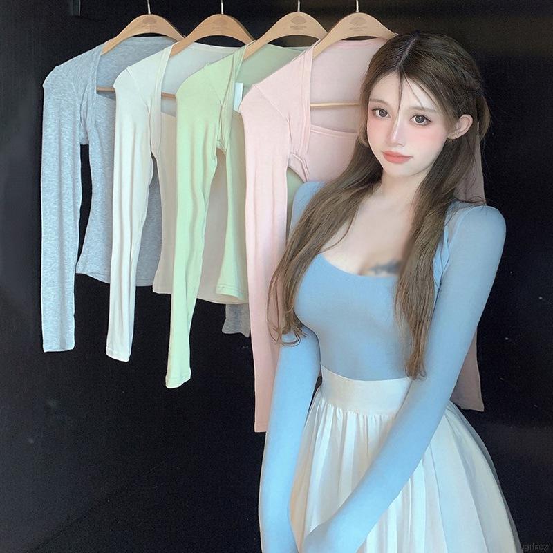 Áo kiểu tay dài cổ vuông màu sắc thanh lịch thời trang dành cho nữ