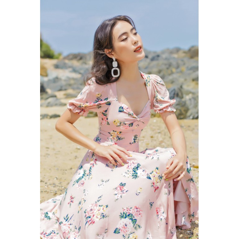 Thanh Lý Sò Vintage Size S - Gonna Đầm Hoa Nhún Ngực Tay Phồng Xẻ Tà