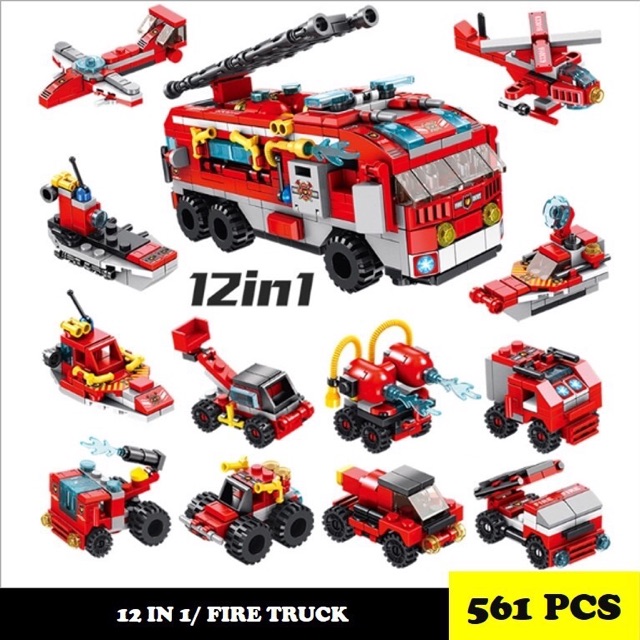 Logo xếp hình lắp ráp xe 10 con số ráp thành 01 robo TO xe cứu hoả, cảnh sát,công trình, ,12 in 1 rắp 12 xe thành1